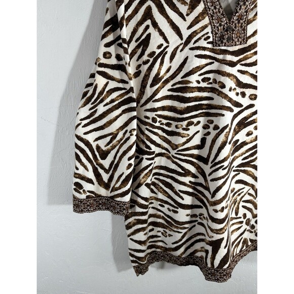 Alfred Dunner Vintage Animal Print Cream Brown Split Neck Woman’s Large Blouse - Picture 5 of 10